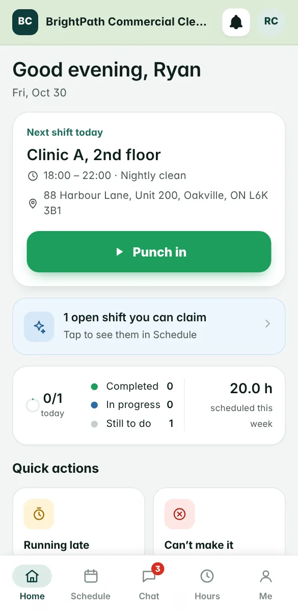 Janitrak cleaner app showing today's shift